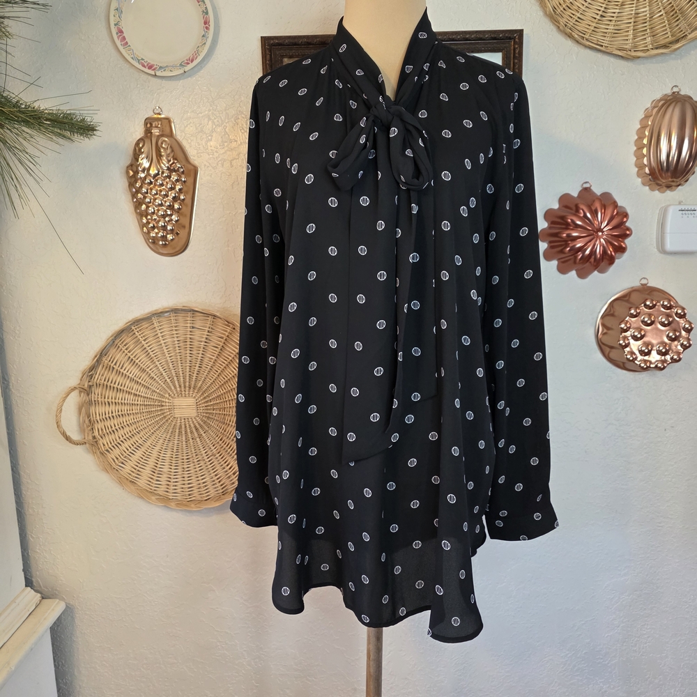 LOFT Black with White Polka Dot Tie Neck Office Old Money Classy Blouse